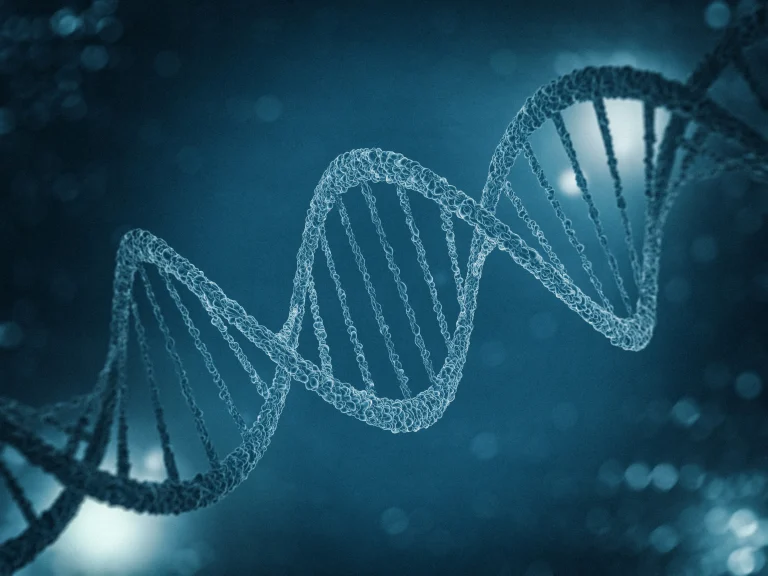 3D render of a DNA double helix structure on a dark blue background